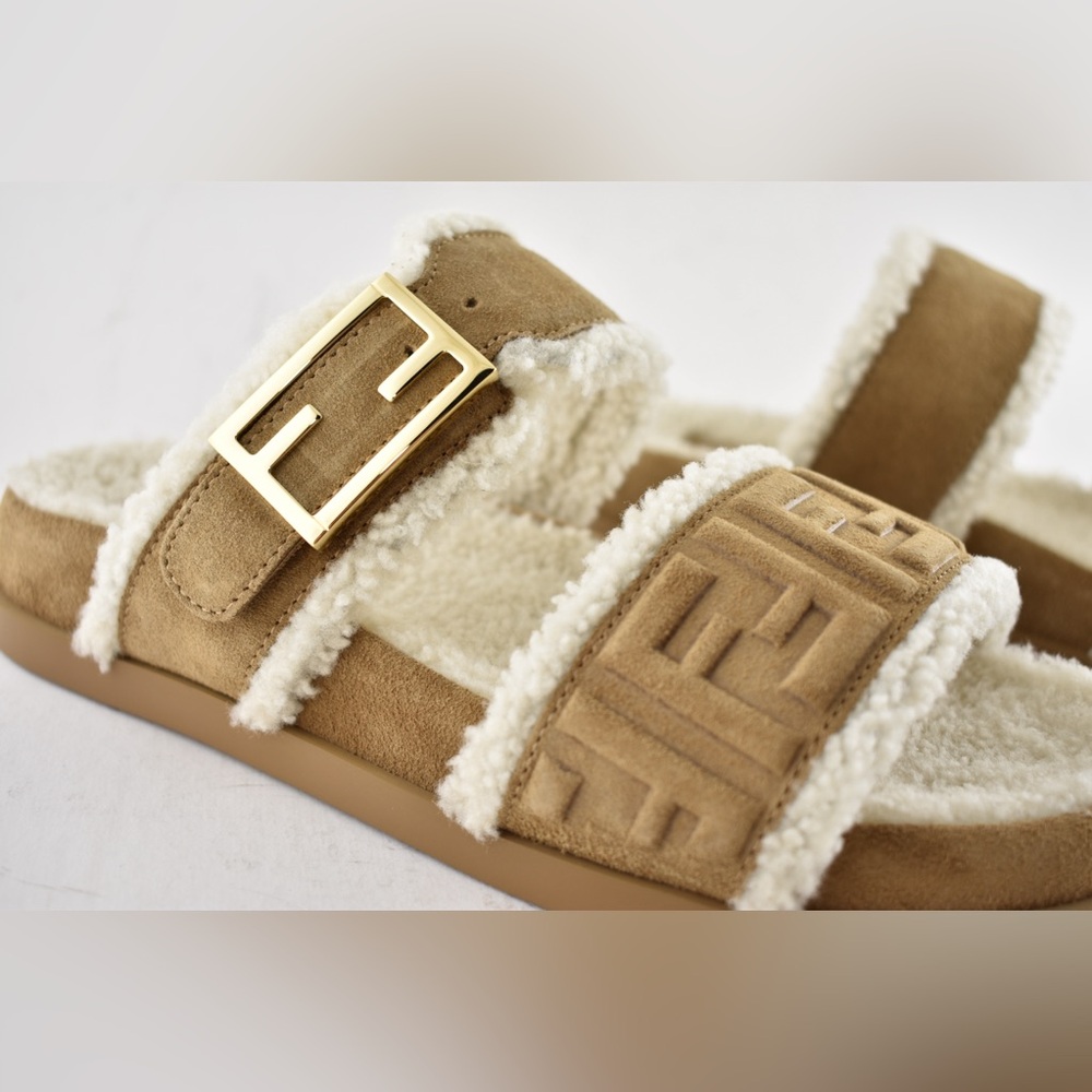 Fendi Feel Slide Shearling Fur Lined Bronze Monogram Logo Mule Flat Sandal 39 - Picture 5 of 16